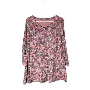 J. Jill Pima 3/4 Sleeve V-Neck Tee Pink Floral Size XL Tall